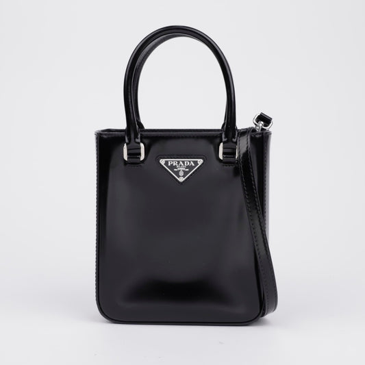 Prada Triangle Logo Small Brushed Leather Tote Bag Black 156908790