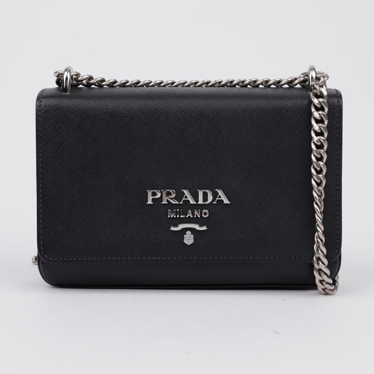 Prada Black Silver-Tone Saffiano Leather Chain Mini Shoulder Bag 157159585