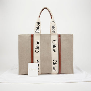 Chloe Large Linen Leather Trimming Woody Tote and Shoulder Bag Brown 156974068