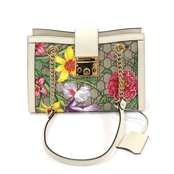 GUCCI 498156 GG スプリーム キャンバス ホワイト FLORA フラワー パドロック スモール チェーン ショルダーバッグ 157302947