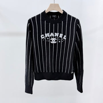 CHANEL cc Logo Stripe Cashmere Women's Knit Black 157303257