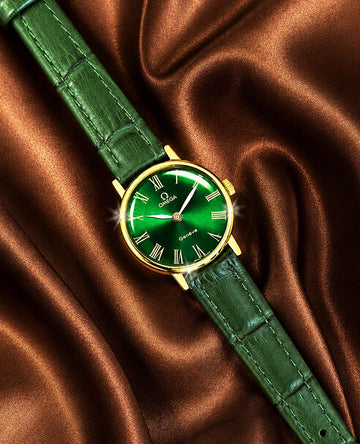 Omega Geneva Round Green Dial Gold Roman Women's Manual Leather Watch 157314850