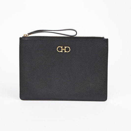 SALVATORE FERRAGAMO レザー ガンチーニ クラッチ ブラック 157028589 [P]