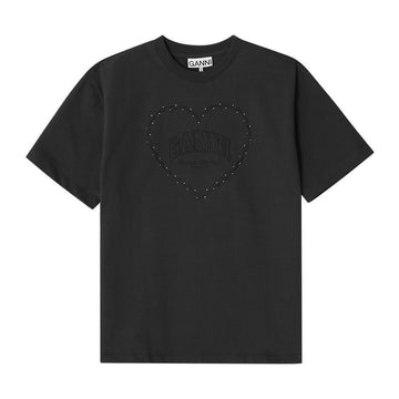 Ganni Heavy Cotton Heart Rhinestone Logo Women's T-Shirt 144592102 [P]