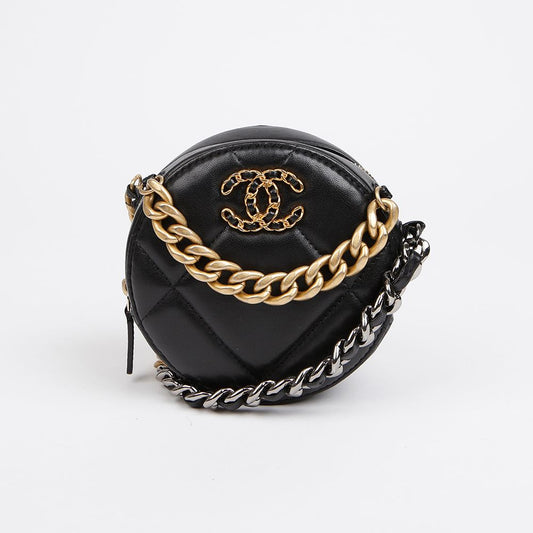 CHANEL Mini Lambskin 19 Round Chain Shoulder and Crossbody Bag Black with Gold Hardware 157115357