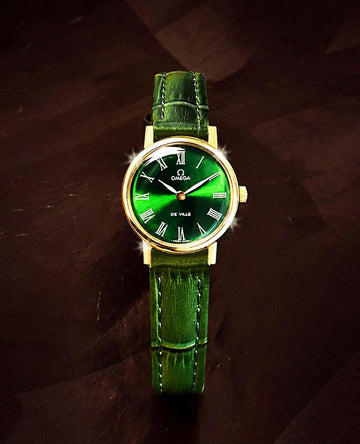 Omega De Ville Green Dial White Roman Women's Manual Leather Watch 157314876 [P]