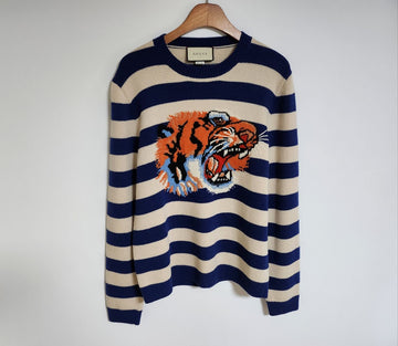 GUCCI Gestreifter Tiger-Stickerei Wollpullover 499250 157360055