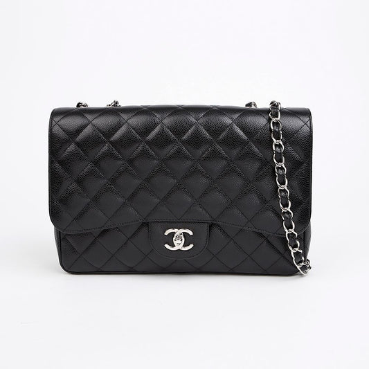 CHANEL クラシック ラージ キャビアスキン ショルダーバッグ ブラック シルバー 157314068 [P]