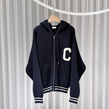 CELINE ウールニットフードジップアップネイビー(L) 157399001 [P]