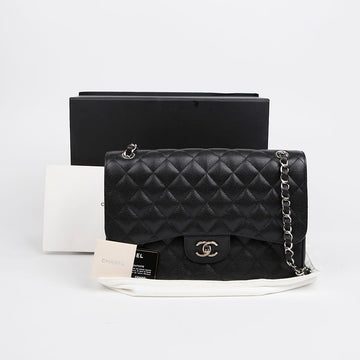 CHANEL Klassische große Caviarskin Schultertasche schwarz mit Silbertönen 157119866