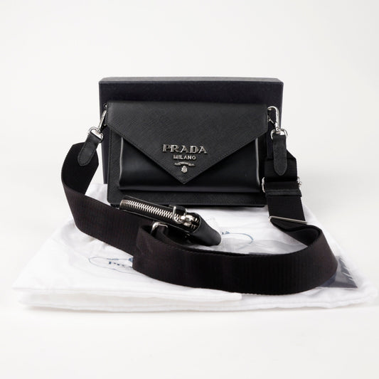 PRADA Monochrome Saffiano Leder Schulter Crossbody Tasche Schwarz mit Silber 157222227