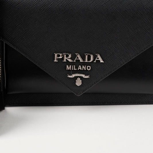 PRADA Monochrome Saffiano Leder Schulter Crossbody Tasche Schwarz mit Silber 157222227