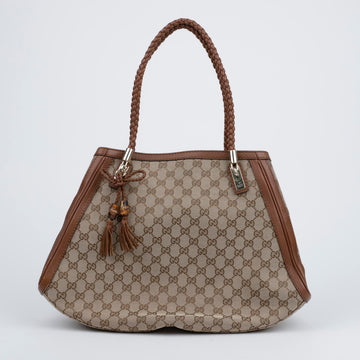 GUCCI Jacquard Canvas Tote Bag mit Bambus-Tassel in Braun 157009993