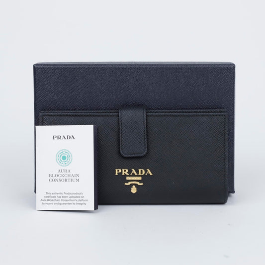 PRADA Große Saffiano Leder Geldbörse Schwarz Hibiskus 157290889
