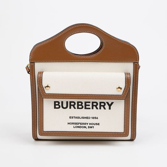 BURBERRY ツートン ミニ キャンバス レザー ポケット トート ショルダーバッグ 157298555 [P]