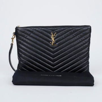 Saint Laurent Quilted Leather Tablet Clutch Bag Black Gold 157229400