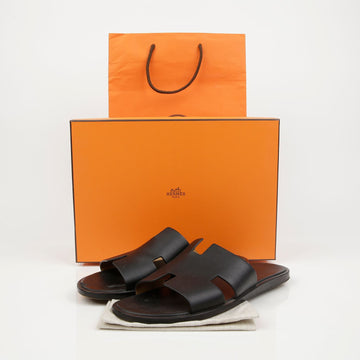 HERMES イズミル ブラック レザー スリッパ 157299887