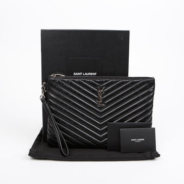 SAINT LAURENT モノグラム ニューミディアム マトラッセ レザー クラッチ ブラック シルバー 157317477