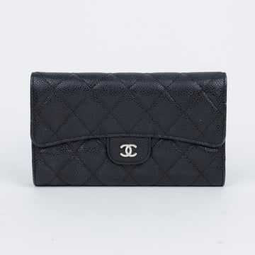 CHANEL Caviar Skin Classic Long Wallet Black Silver 157314179