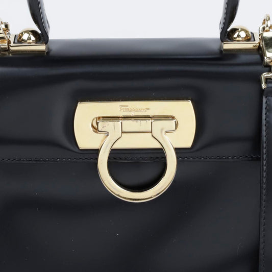 Salvatore Ferragamo Gancini Kelly Small Calf Leather Tote Shoulder Bag Black Gold 157523061 [P]