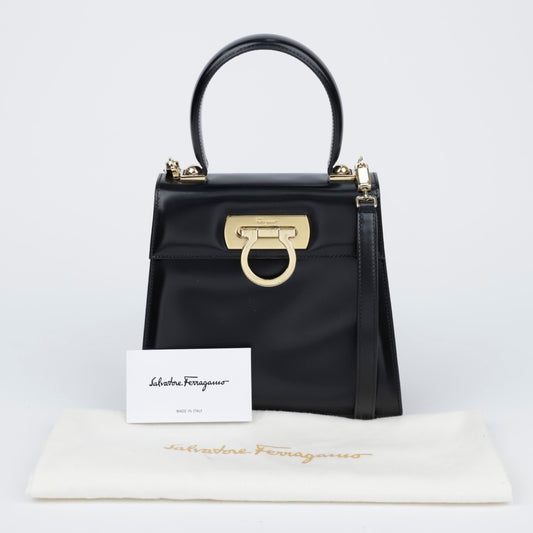 Salvatore Ferragamo Gancini Kelly Small Calf Leather Tote Shoulder Bag Black Gold 157523061 [P]