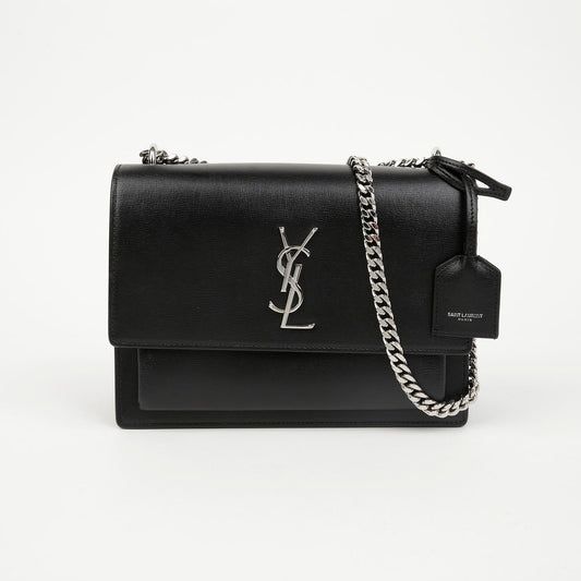 Saint Laurent Sunset Medium Smooth Leather Chain Crossbody Bag Black 157314140 [P]