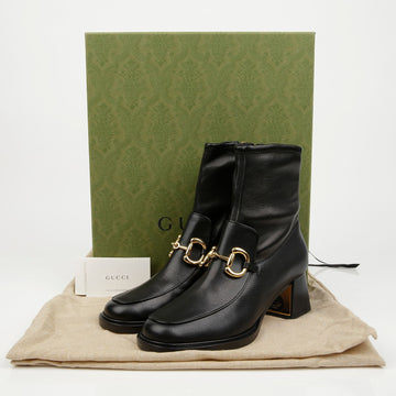 GUCCI ブラック ホースビット レザー レディース アンクル ブーツ 157315480