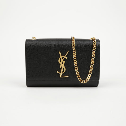 SAINT LAURENT Damen Schultertasche aus genarbtem Leder mit goldenen Monogramm-Logo Schwarz 157521873 [P]