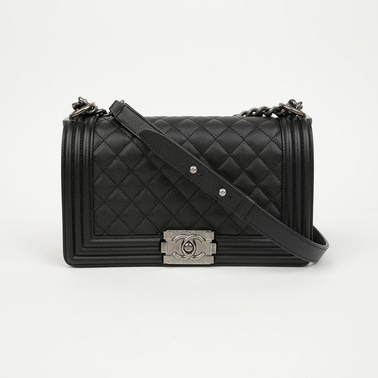 CHANEL Boy Medium Caviar Shoulder Bag Black 157522465 [P]