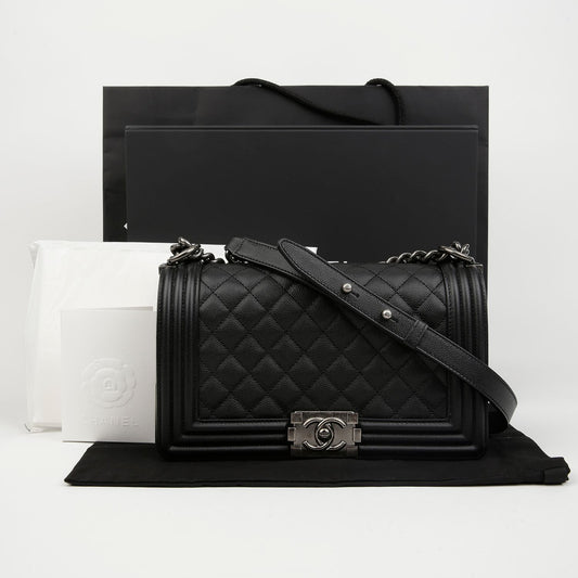 CHANEL Boy Medium Caviar Shoulder Bag Black 157522465 [P]
