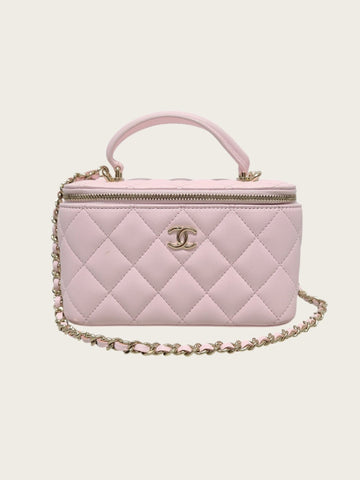CHANEL ピンクシャンパンゴールドラムスキントップハンドルチェインコスメティックベニティバッグ 157832896