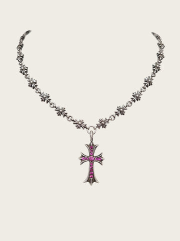 CHROME HEARTS Silber Tiny CH Kreuz Anhänger mit pinkem Saphir 157832939
