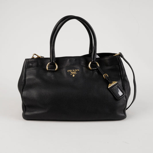 PRADA Vitello Dino Leder Tote Schultertasche Schwarz mit Gold-Applikationen 157366113