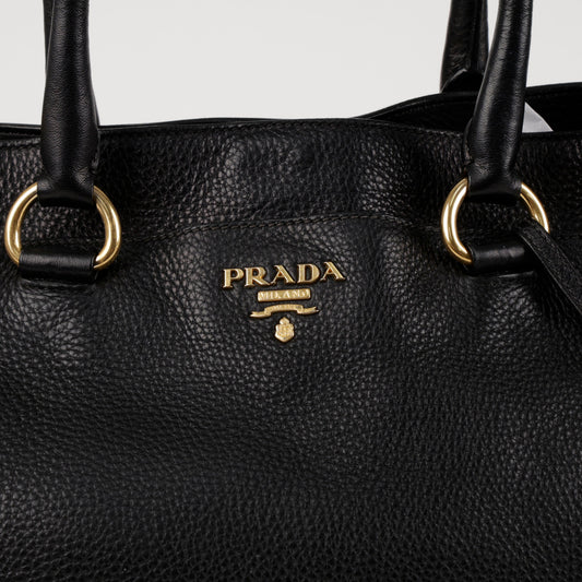 PRADA Vitello Dino Leder Tote Schultertasche Schwarz mit Gold-Applikationen 157366113