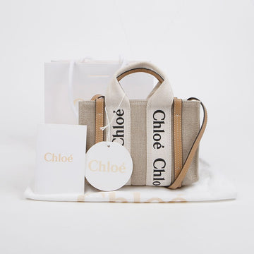Chloe White Beige Woody Mini Linen Canvas Tote Bag 157547968