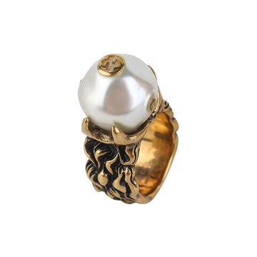 Gucci Antique Gold GG Pearl Ring Size 8 37451-1 157909592 [P]