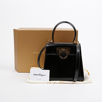 Salvatore Ferragamo Gancini Kelly Small Calf Leather Tote Shoulder Bag Black Gold Tone 157549278 [P]