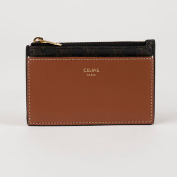 Celine Trompe Canvas Lambskin Zipper Card Holder Tan 157229794 [P]