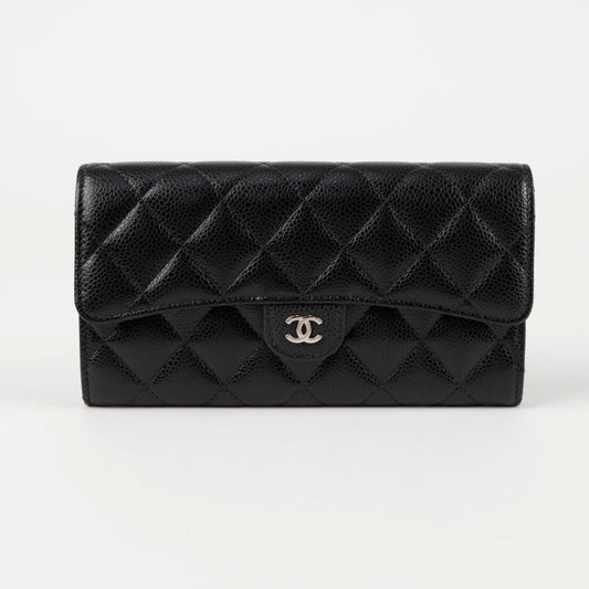 CHANEL Damen AP0241 Schwarz Kaviar Silber CC-Logo Klassische Lange Klapp-Brieftasche 157363879 [P]