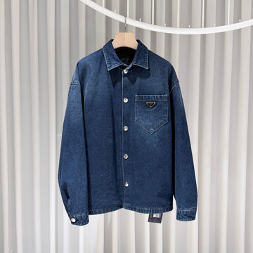 Prada Triangle Logo Pocket Denim Shirt Jacket Navy 157935971 [P]
