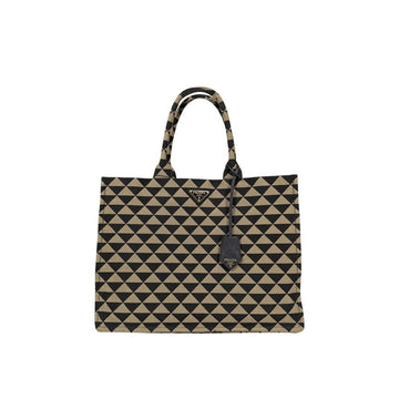Prada Jacquard Symbol Embroidery Triangle Logo Fabric Tote Bag Black Beige 2VG099 157966329 [P]