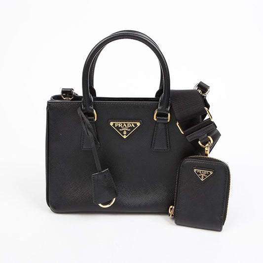 PRADA ミニ サフィアーノ レザー ガレリア トート ショルダーバッグ ブラック 157593382 [P]