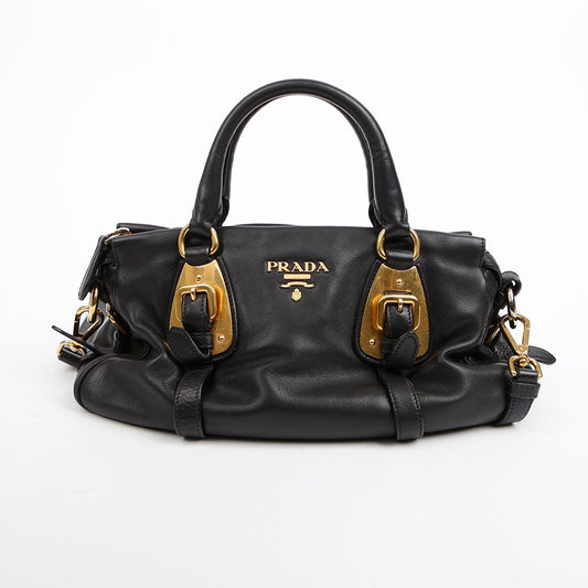 PRADA ソフトカーフレザー トートバッグ ブラック ゴールドロゴ 157638235 [P]