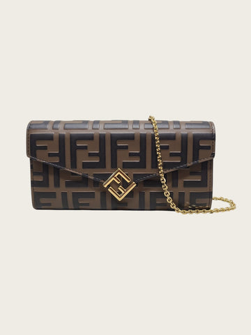 FENDI ブラウンブラックレザーFFダイヤモンドチェーン長財布 157972412 [P]