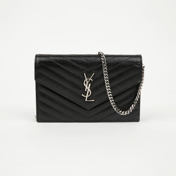 Saint Laurent Envelope Chain Grand De Poudre Leather Wallet Crossbody Black Silver 157796141 [P]
