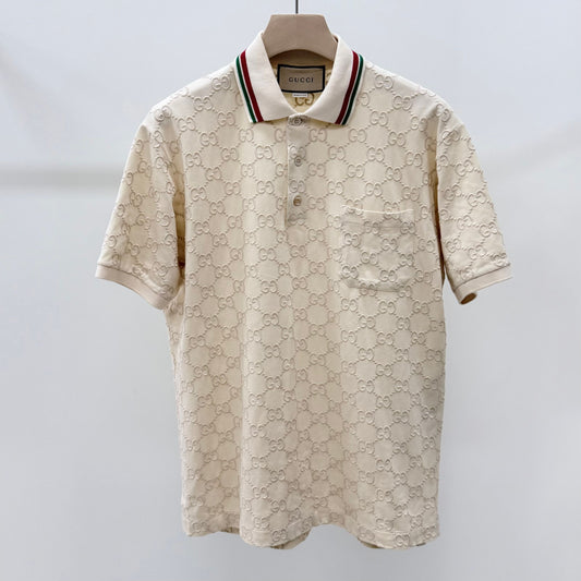 GUCCI GG Logo Baumwoll-Piqué Polo Kurzarm-Kragen T-Shirt Ivory 158021068 [P]