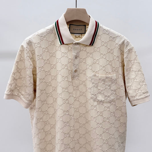 GUCCI GG Logo Baumwoll-Piqué Polo Kurzarm-Kragen T-Shirt Ivory 158021068 [P]