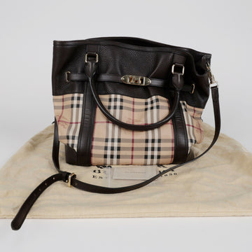 BURBERRY ヘイマケット チェック レザー トート ショルダーバッグ ダークブラウン 157797304 [P]