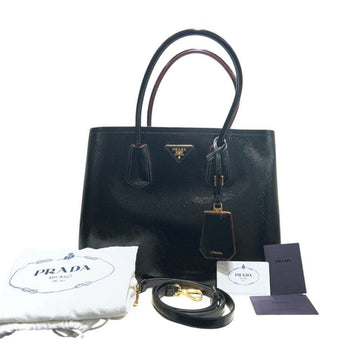 PRADA Schwarze Saffiano Vernice Doppelte Tote Bag mit goldenen Akzenten B2756T 158108584 [P]
