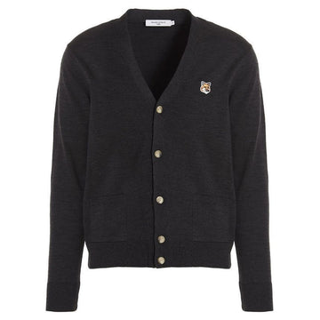 Maison Kitsune Women's Fox Head Patch V-Neck Cardigan Charcoal Mélange stamp: GU00542KT1036 H190 144961460 [P]